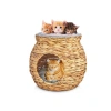 Doğal Hasırdan El Yapımı Çift Katlı Kedi ve Köpek Yuvası, Yumuşak Minderli, 48x48x45 cm