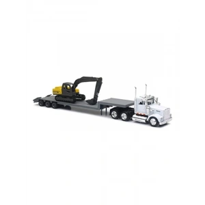 1:43 Ölçekli Kenworth W900 Lowboy Römork Modeli - İnşaat Ekskavatörlü