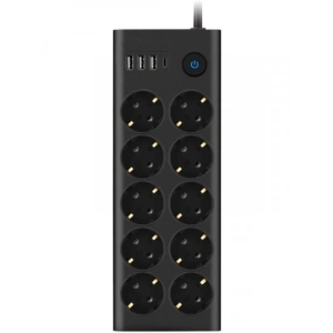 10lu Akım Korumalı Priz, 3 USB, 1 Type-C Giriş, Isıya Dayanıklı, Siyah