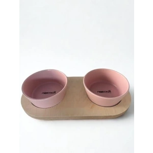 16 Cm Çift Tablalı Pembe Seramik Mama ve Su Kabı