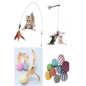 4lü Kedi Oyun Seti: İp Sarma Top, Vantuzlu Oltası, Tüylü Top ve 90 cm Olta