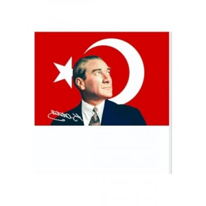 50x75 cm Atatürk İmzalı Raşel Kumaş Sopalı Türk Bayrağı