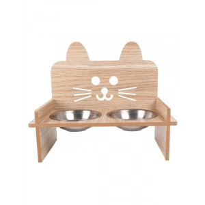 Ahşap Kedi Mama ve Su Kabı ile Paspası - Çift Metal Hazneli