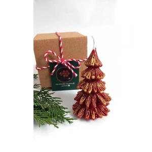 Altın Simli Kırmızı Balmumu Çam Ağacı Mum - 8.5 Cm