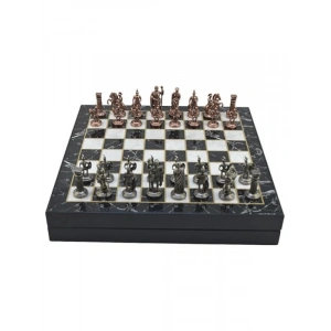 Antik Desenli Orta Boy Metal Roma Satranç Takımı MDF Sandıklı Tahta (36x36x6 cm)