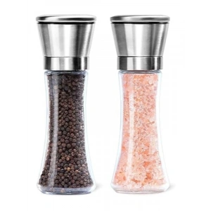 Cam Gövdeli Metal Krom Kapaklı Tuz Karabiber Değirmeni Seti (19 cm)