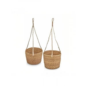 Doğal Hasır 2li Asılabilir Saksılık Seti, Yuvarlak Tasarım (23cm x 18cm, 20cm x 15cm)