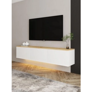 Duvara Monte Neon LED Işıklı 3 Kapaklı TV Sehpası - Modern Beyaz/Safir Meşe