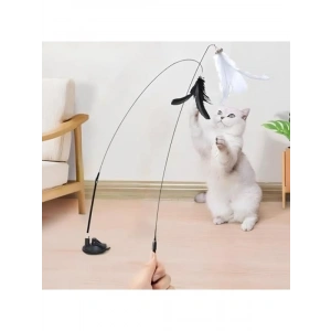 Esnek Yaylı Vantuzlu Tüylü Kedi Oyuncağı - 2 Oltalı Eğlenceli ve Dayanıklı