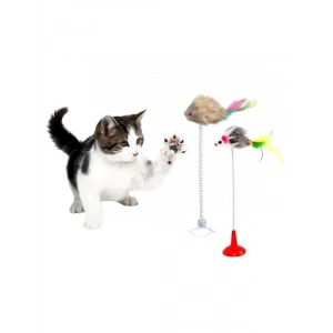 Etkileşimli Vantuzlu Tüylü Kedi Oyuncağı Seti - Hareketli ve Sesli Peluş Fareler