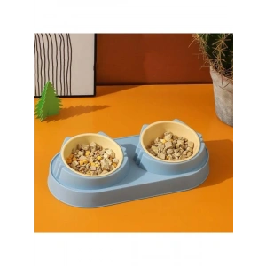 İki Bölmeli Yükseltilmiş Kedi Köpek Mama ve Su Kabı, Mavi