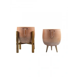 İkili Set Surat Desenli 19 CM Toprak Saksı - 3 Ayaklı ve 4 Ayaklı