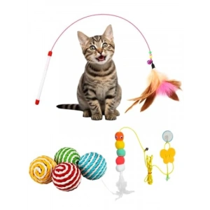 İnteraktif Kedi Oyuncağı Seti, 3 Parça (Peluş, Oyun Oltası, İp Sarmalı Oyun Topu)
