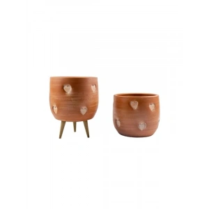 Kalp Desenli 19 CM Toprak Saksı İkili Set - Ayaksız, Salon Çiçeklik