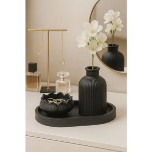 Minimalist Lotus Kase ve Çizgili Vazo Seti - 3lü El Yapımı