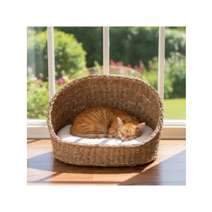 Oval Gölgelikli Hasır Kedi ve Köpek Yatağı - 46x35 cm