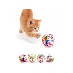 Peluş Fareli Kedi Köpek Oyuncağı, Renkli Metal Kafesli, 6 cm
