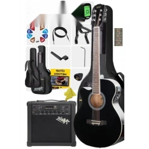 Profesyonel Siyah Elektro Akustik Gitar Seti: Amfi, Gigbag ve Aksesuarlar