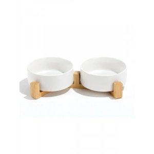 Seramik Mama Kabı ve Bamboo Stand Seti (2x850ml, Beyaz)