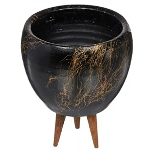 Şık Siyah-Gold Mermer Efektli 16 cm İkili Toprak Saksı Seti