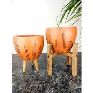 Siyah Çizgi Desenli 15 Cm İkili Set Terrakota Saksı