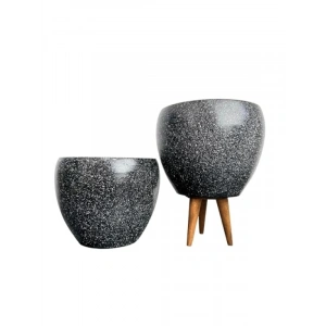 Siyah Granit Tasarımlı Deliksiz Saksı Seti - 15 Cm