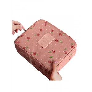 Su Geçirmez Seyahat Makyaj Çantası - Pembe Kiraz Desenli