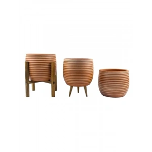Üçlü Set Yan Çizgi Desenli 19 CM Toprak Saksı - Salon Bitkileri için