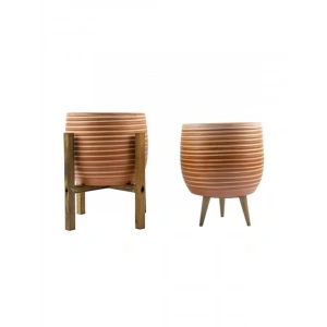 Yan Çizgi Desenli Terrakota Saksı - İkili Set