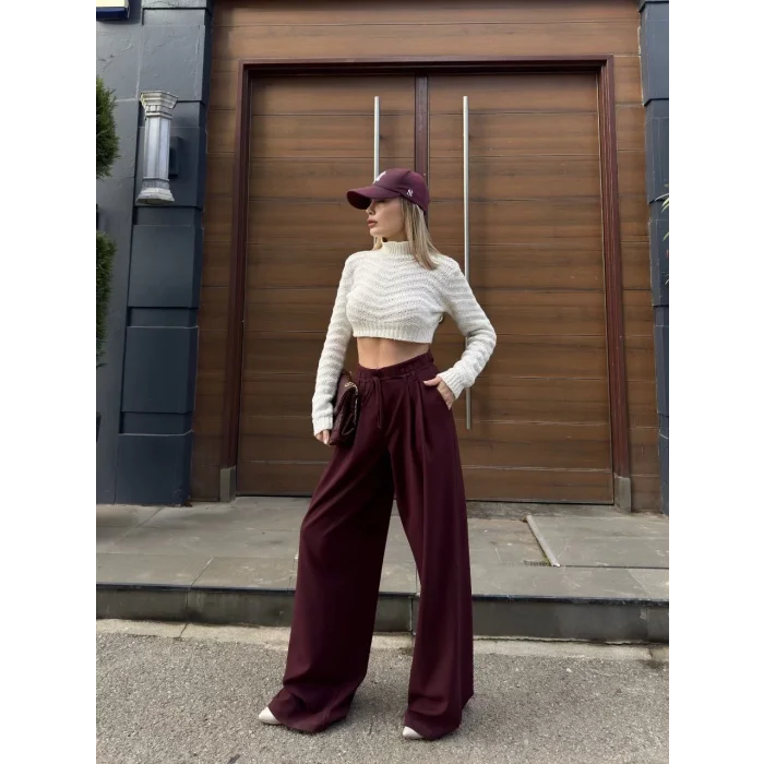Arnay Bağcıklı Palazzo Bol Paça Pantolon - Bordo