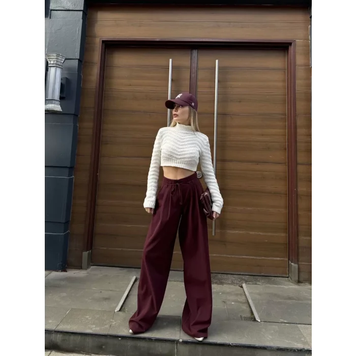 Arnay Bağcıklı Palazzo Bol Paça Pantolon - Bordo