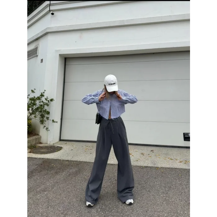 Arnay Bağcıklı Palazzo Bol Paça Pantolon - Gri