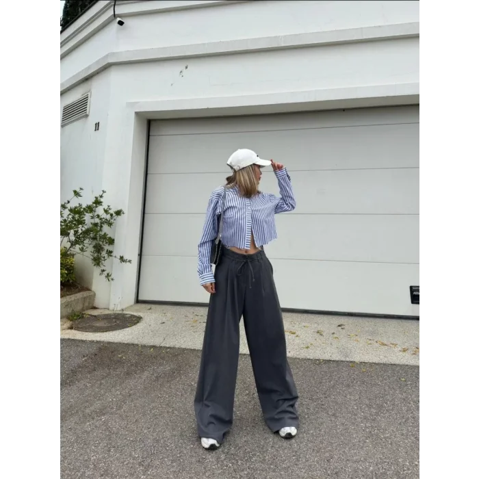 Arnay Bağcıklı Palazzo Bol Paça Pantolon - Gri