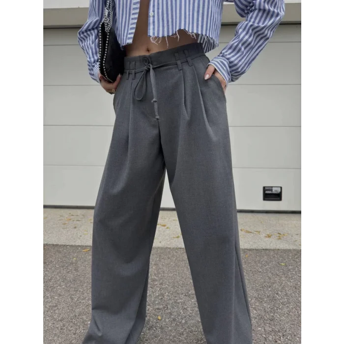 Arnay Bağcıklı Palazzo Bol Paça Pantolon - Gri