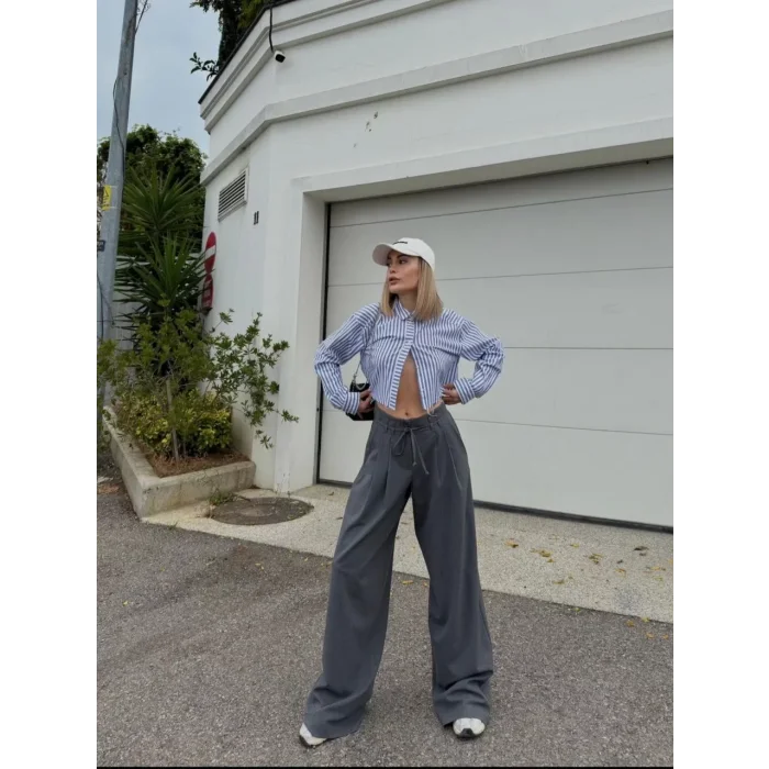 Arnay Bağcıklı Palazzo Bol Paça Pantolon - Gri