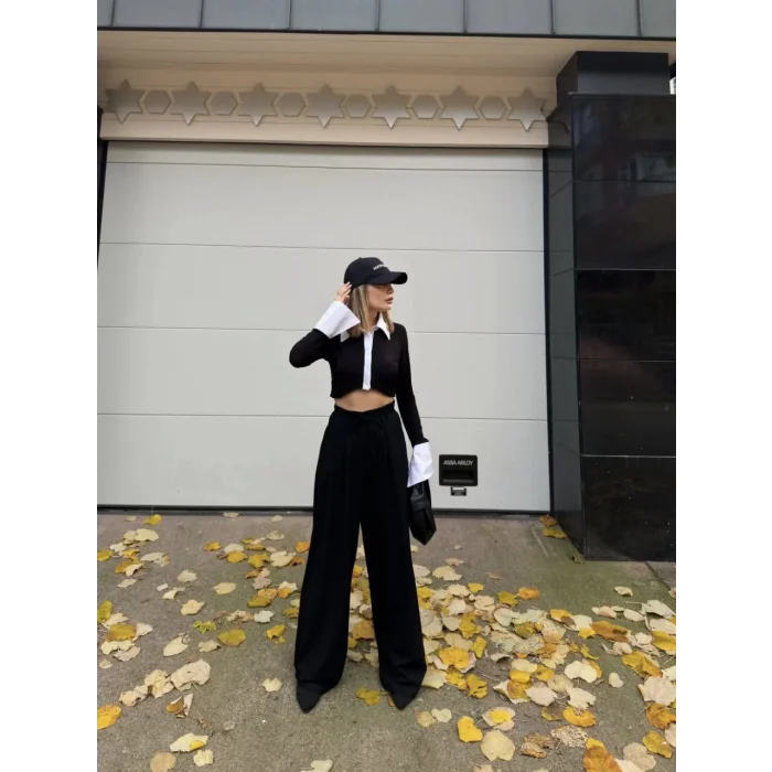 Arnay Bağcıklı Palazzo Bol Paça Pantolon - Siyah