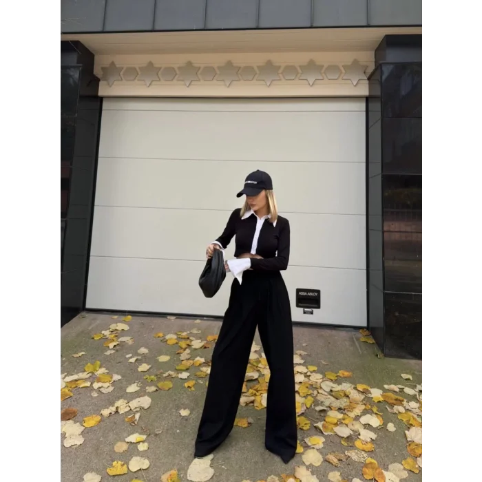 Arnay Bağcıklı Palazzo Bol Paça Pantolon - Siyah