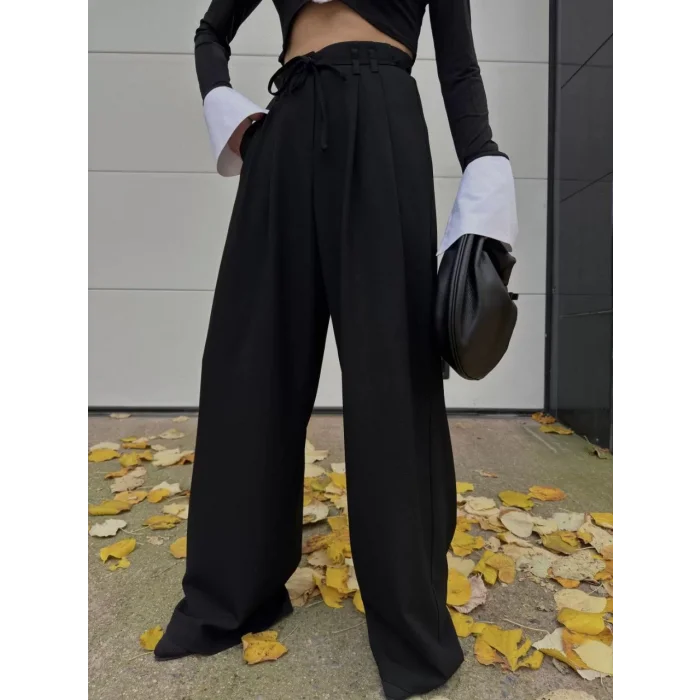 Arnay Bağcıklı Palazzo Bol Paça Pantolon - Siyah