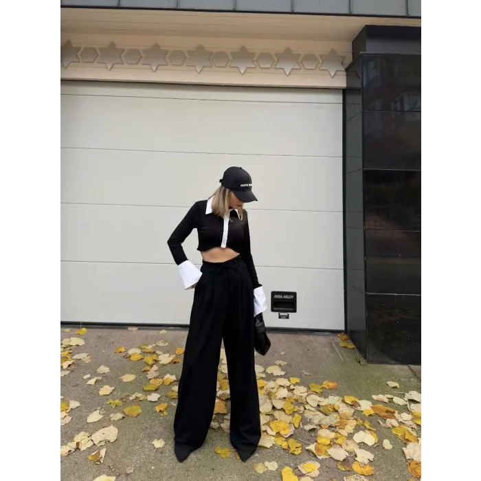 Arnay Bağcıklı Palazzo Bol Paça Pantolon - Siyah