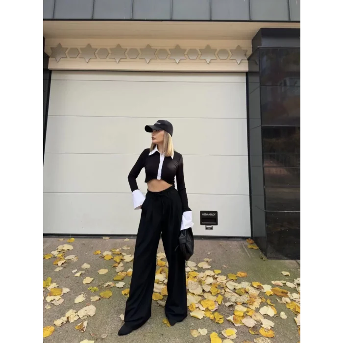 Arnay Bağcıklı Palazzo Bol Paça Pantolon - Siyah