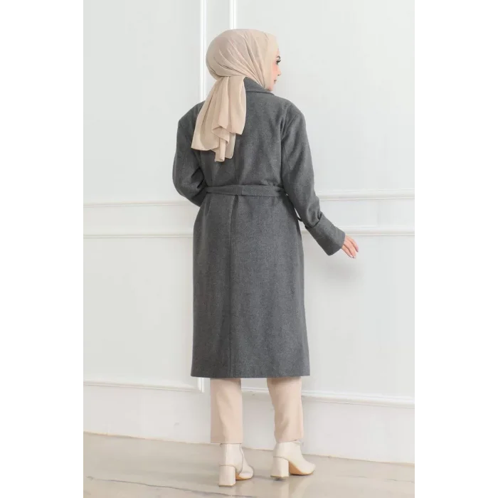 Arnay Beli Kuşaklı Yünlü Dokuma Kaşmir Kaban - Gri