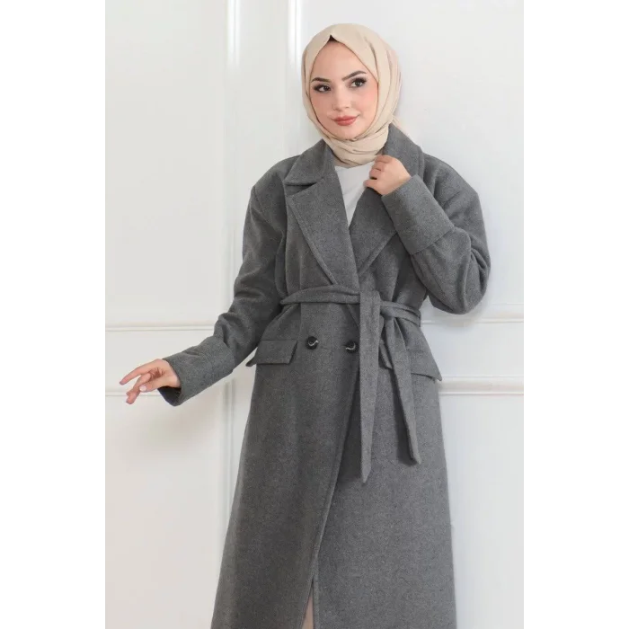 Arnay Beli Kuşaklı Yünlü Dokuma Kaşmir Kaban - Gri