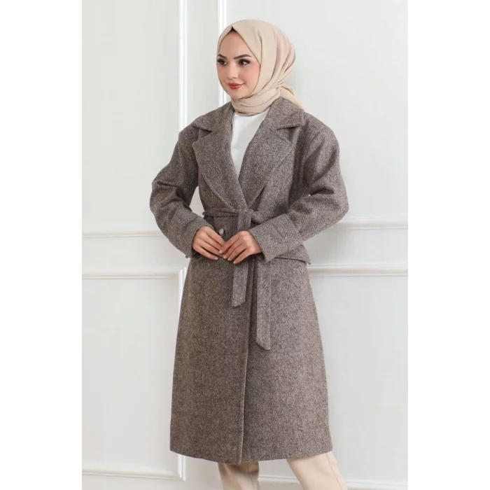 Arnay Beli Kuşaklı Yünlü Dokuma Kaşmir Kaban - Vizon