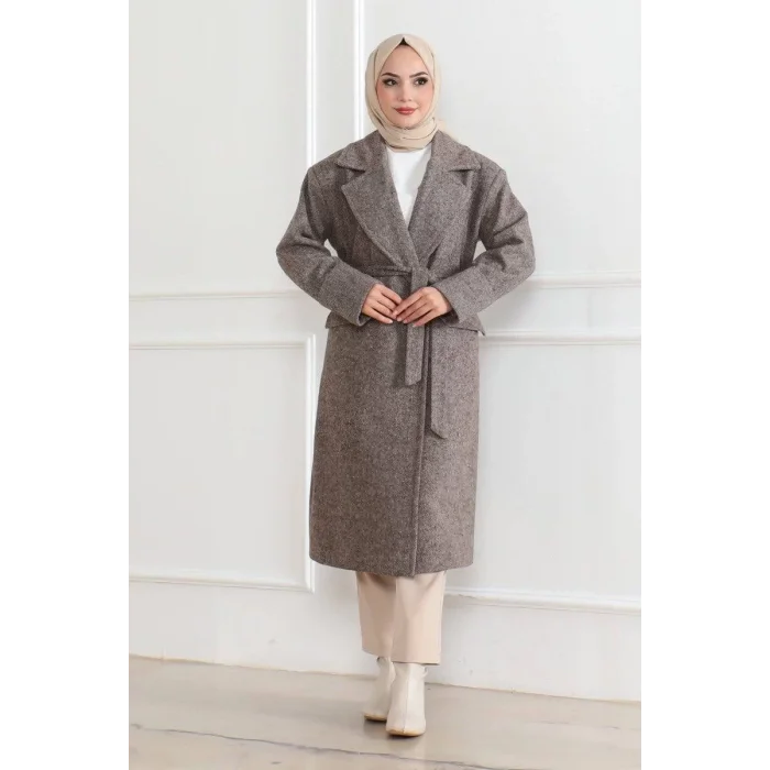 Arnay Beli Kuşaklı Yünlü Dokuma Kaşmir Kaban - Vizon