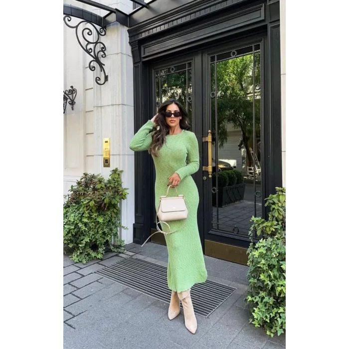 Arnay Bisiklet Yaka Fitilli Uzun Elbise - Açık Yeşil