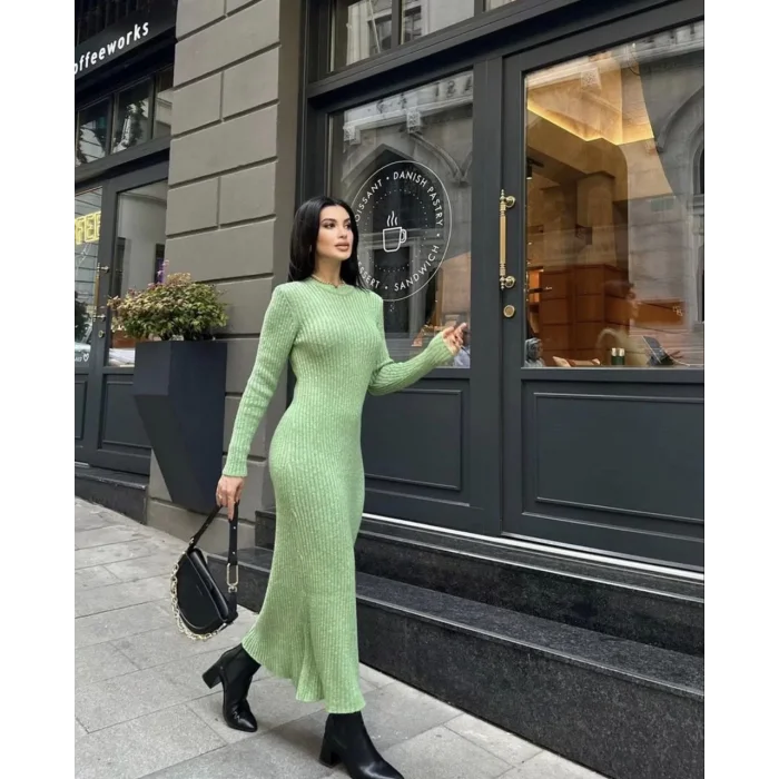 Arnay Bisiklet Yaka Fitilli Uzun Elbise - Açık Yeşil