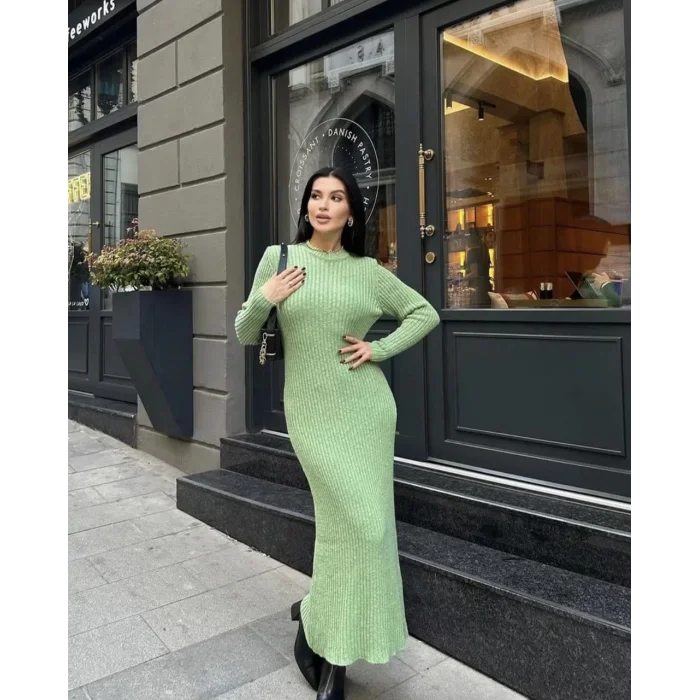 Arnay Bisiklet Yaka Fitilli Uzun Elbise - Açık Yeşil