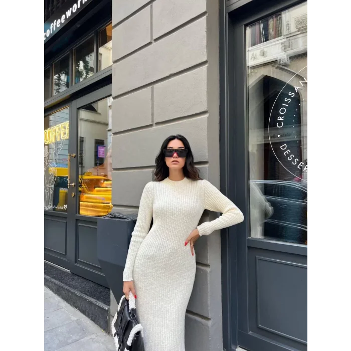 Arnay Bisiklet Yaka Fitilli Uzun Elbise - Beyaz