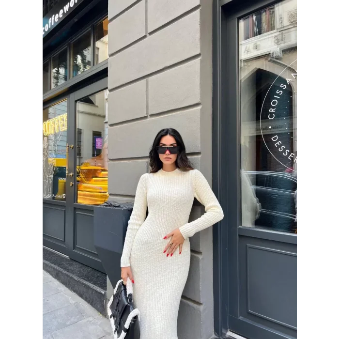 Arnay Bisiklet Yaka Fitilli Uzun Elbise - Beyaz