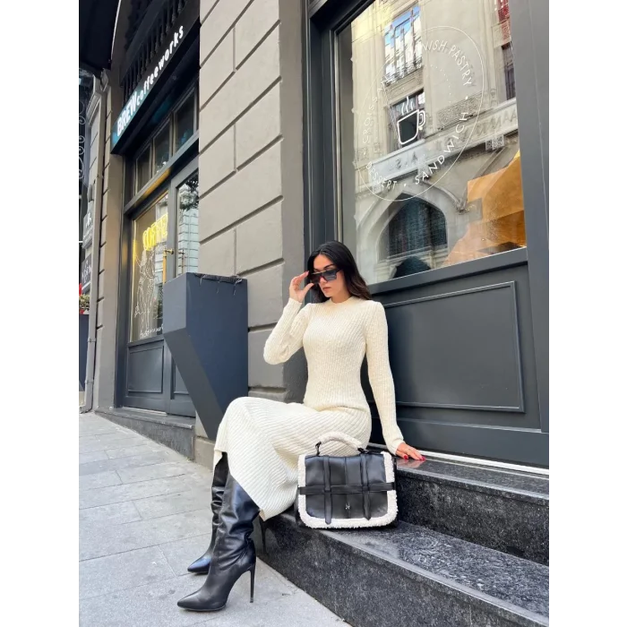 Arnay Bisiklet Yaka Fitilli Uzun Elbise - Beyaz